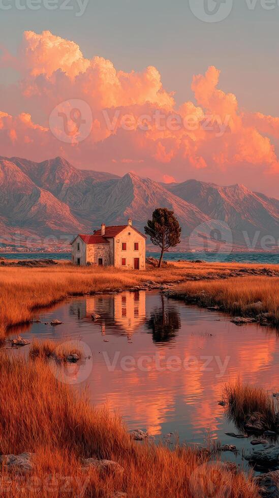 Serene sunset over tranquil landscape with a rustic house by a reflective pond and mountains in the background photo
