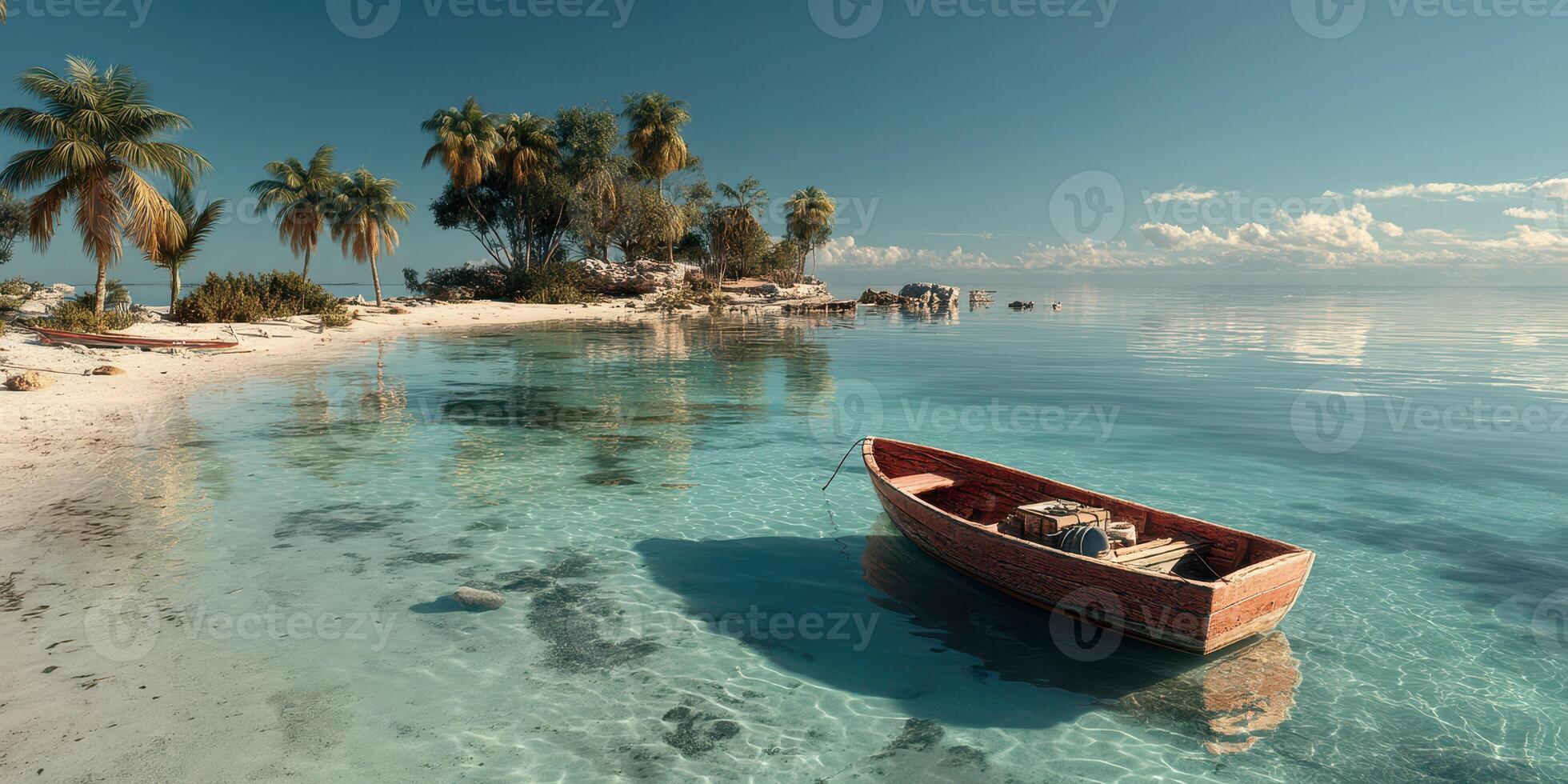 Serene tropical island with clear waters and a wooden boat under a bright sky at midday photo
