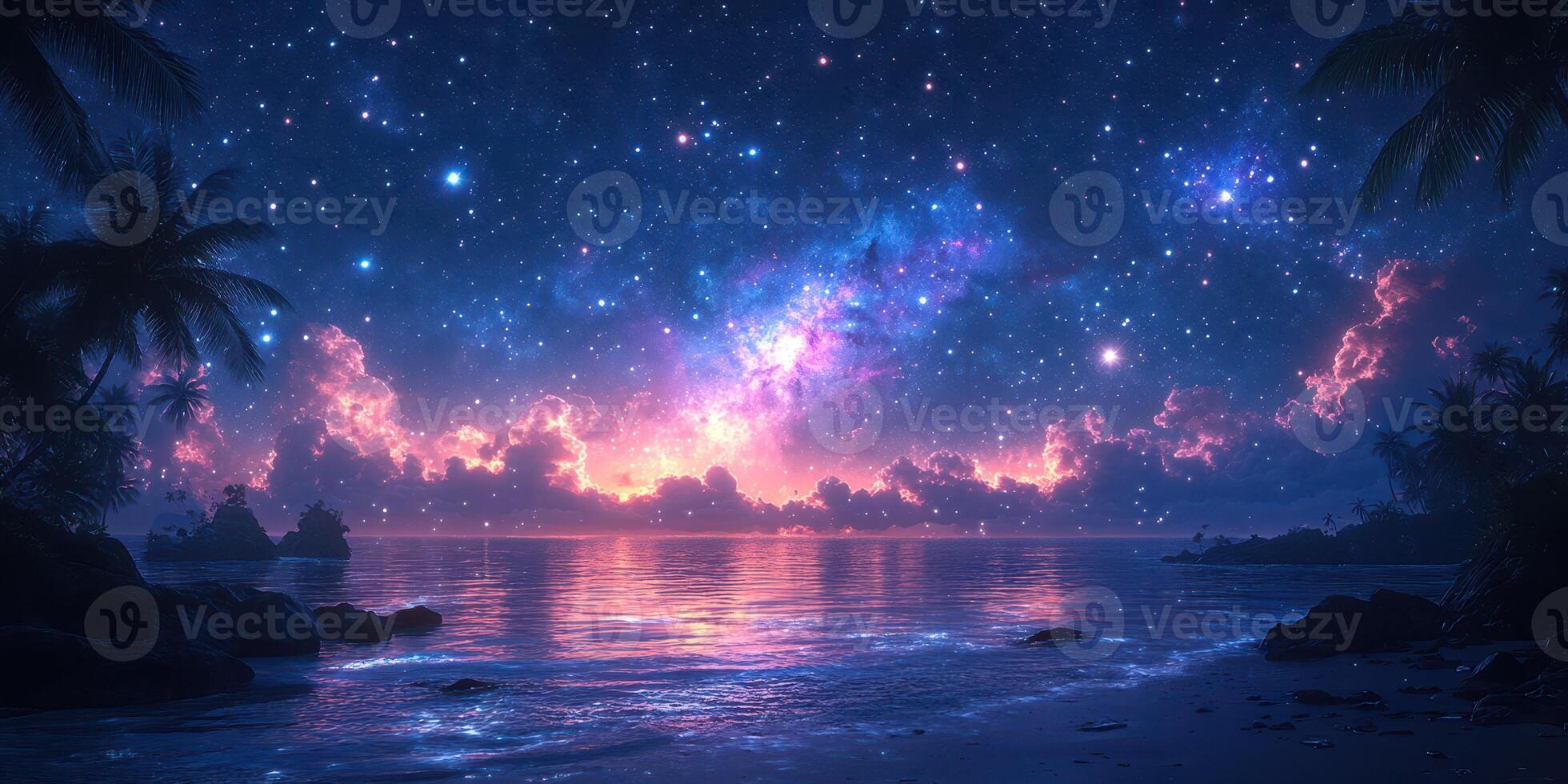 Stunning cosmic landscape with vibrant stars and tranquil ocean under a colorful sky at twilight photo