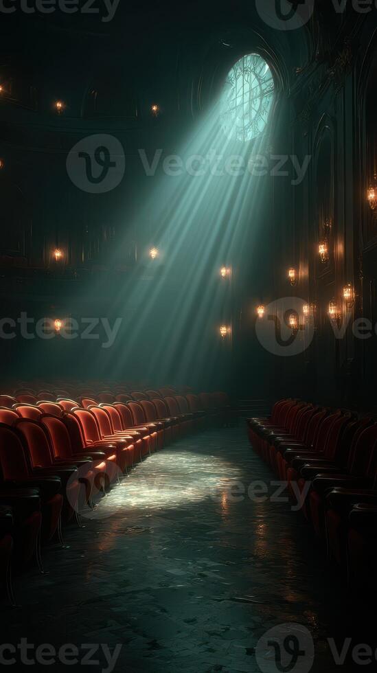 Light beams illuminate the empty theater with red velvet seats during early evening hours photo