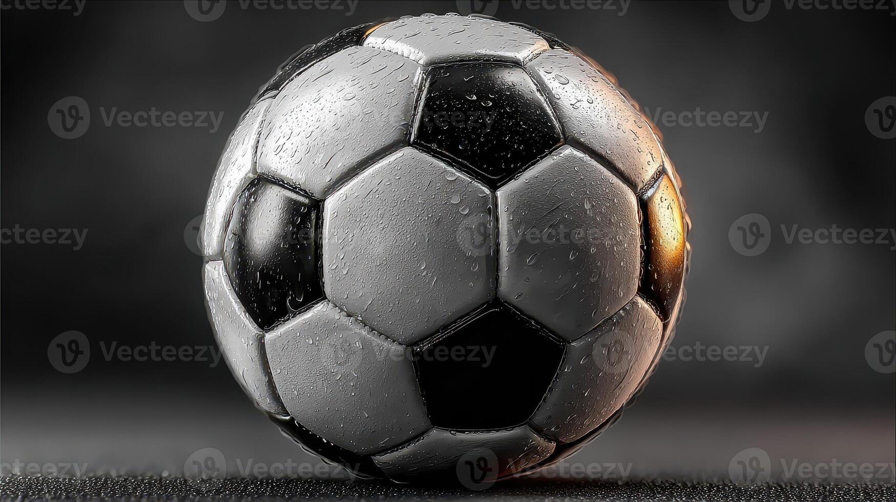Soccer ball resting on a wet surface with raindrops at a nighttime sports venue photo