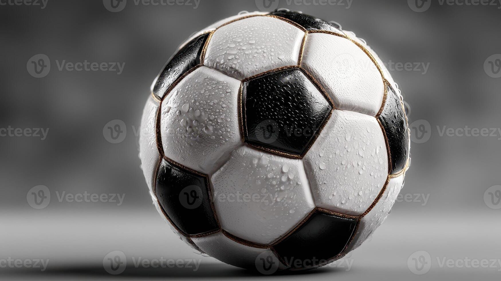 Close-up view of a wet soccer ball resting on a textured surface after a rain shower in a training session photo