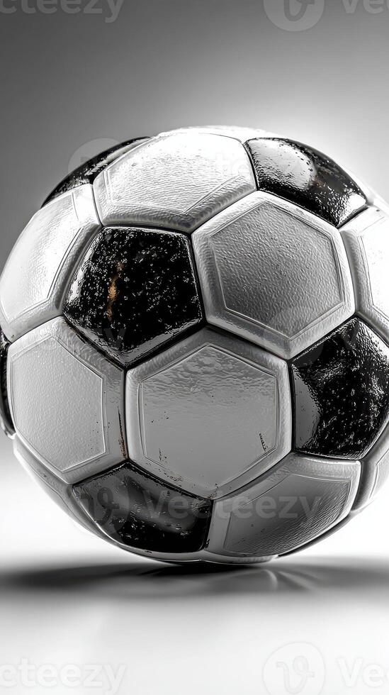 Classic black and white soccer ball resting on a smooth surface with a minimalist backdrop photo