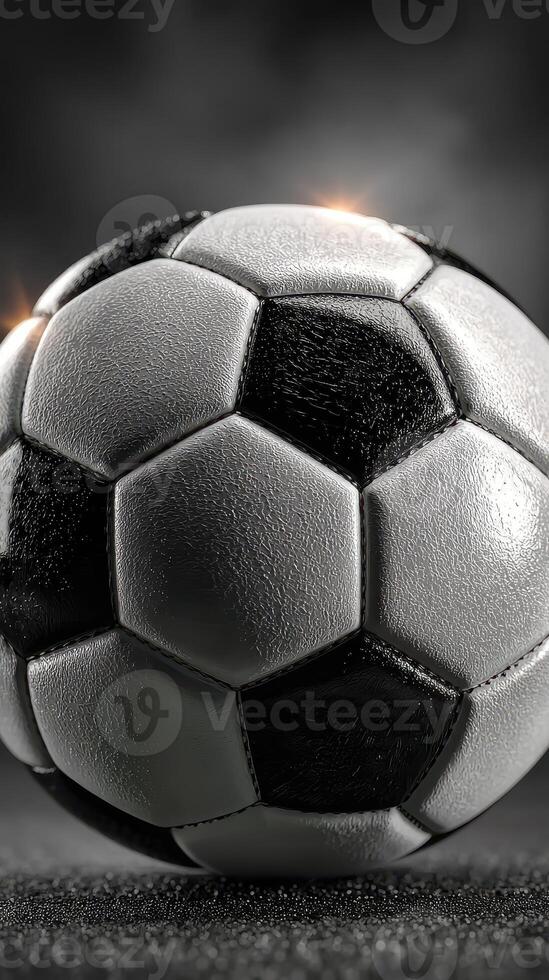 Close-up of a classic black and white soccer ball on a textured surface highlighting its details and shine in low light photo