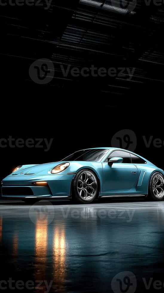 Sleek blue sports car showcased in dramatic lighting at a modern exhibition venue photo