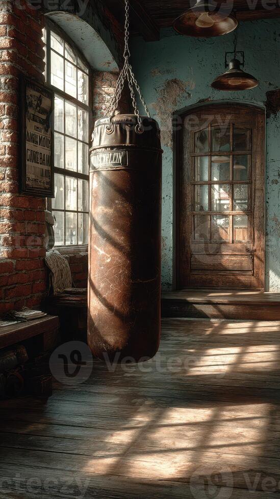 Old punching bag hanging in a rustic gym with sun rays illuminating the space photo