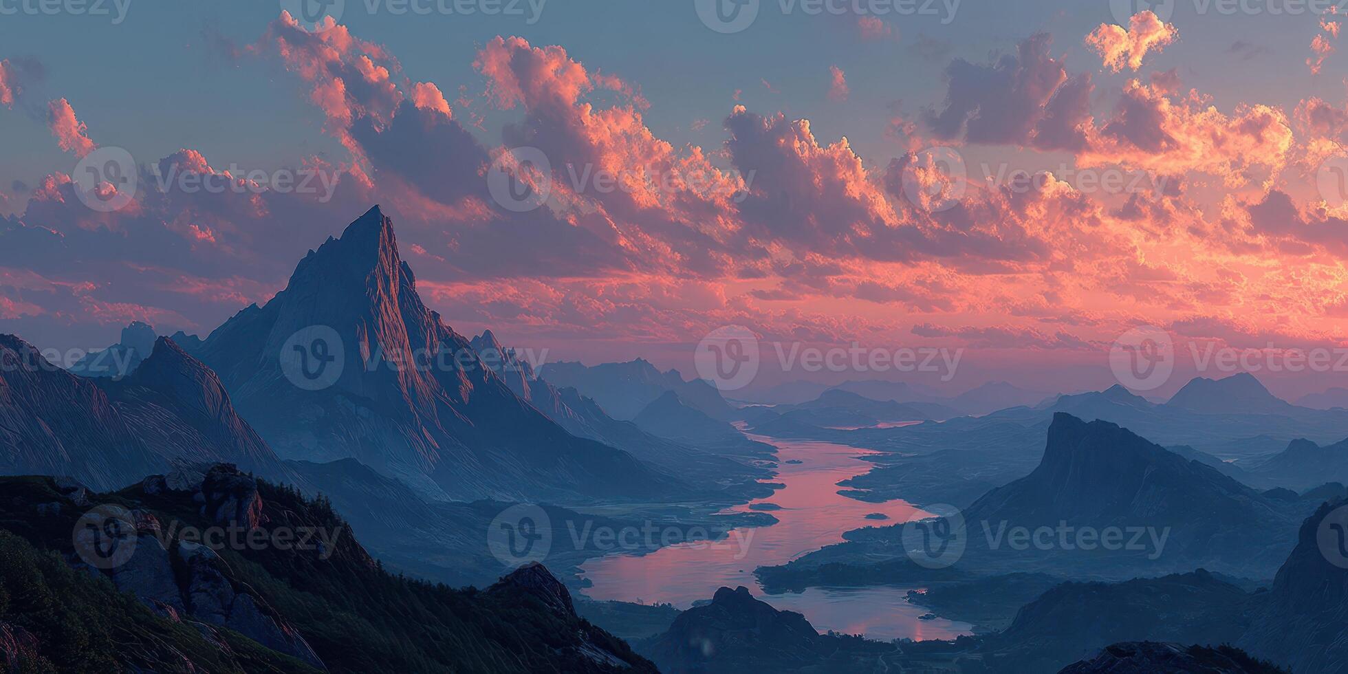 Majestic mountain landscape at sunset with vibrant clouds and reflective river in serene valley photo