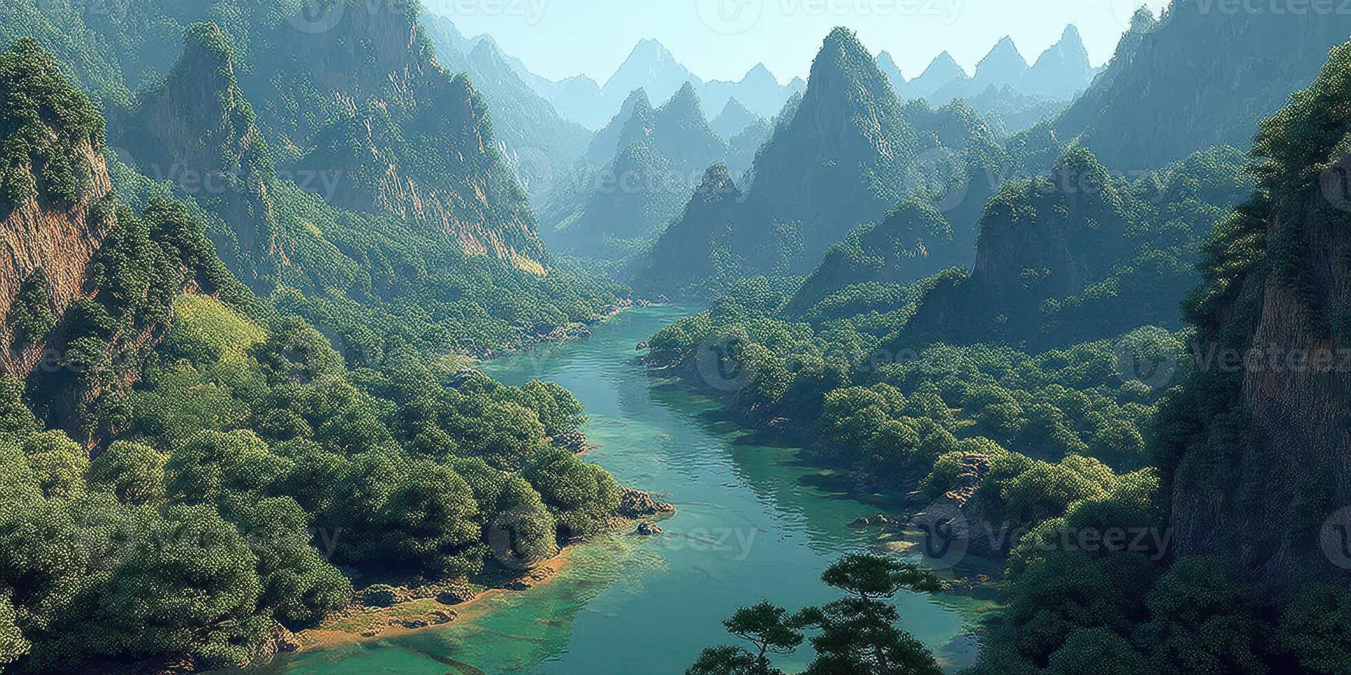 Lush green mountains frame a tranquil river in a serene valley during daylight hours photo