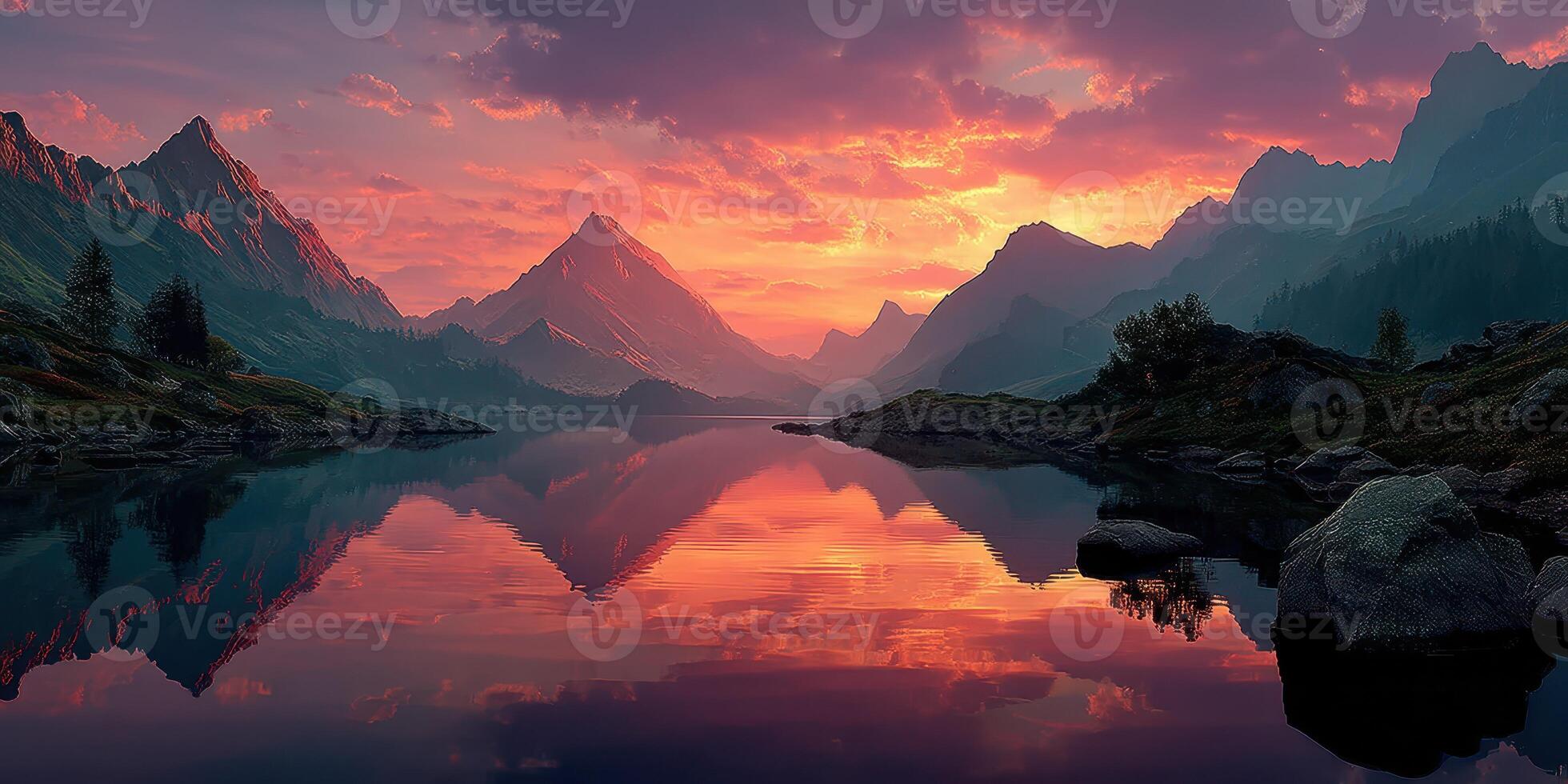 Majestic sunset over peaceful lake surrounded by towering mountains and colorful sky in a serene landscape photo
