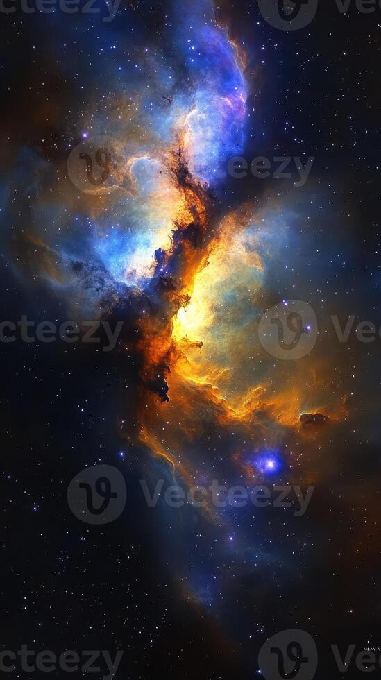 Cosmic nebula explodes in vibrant colors with swirling gas and bright stars in deep space, captivating the universe at night photo