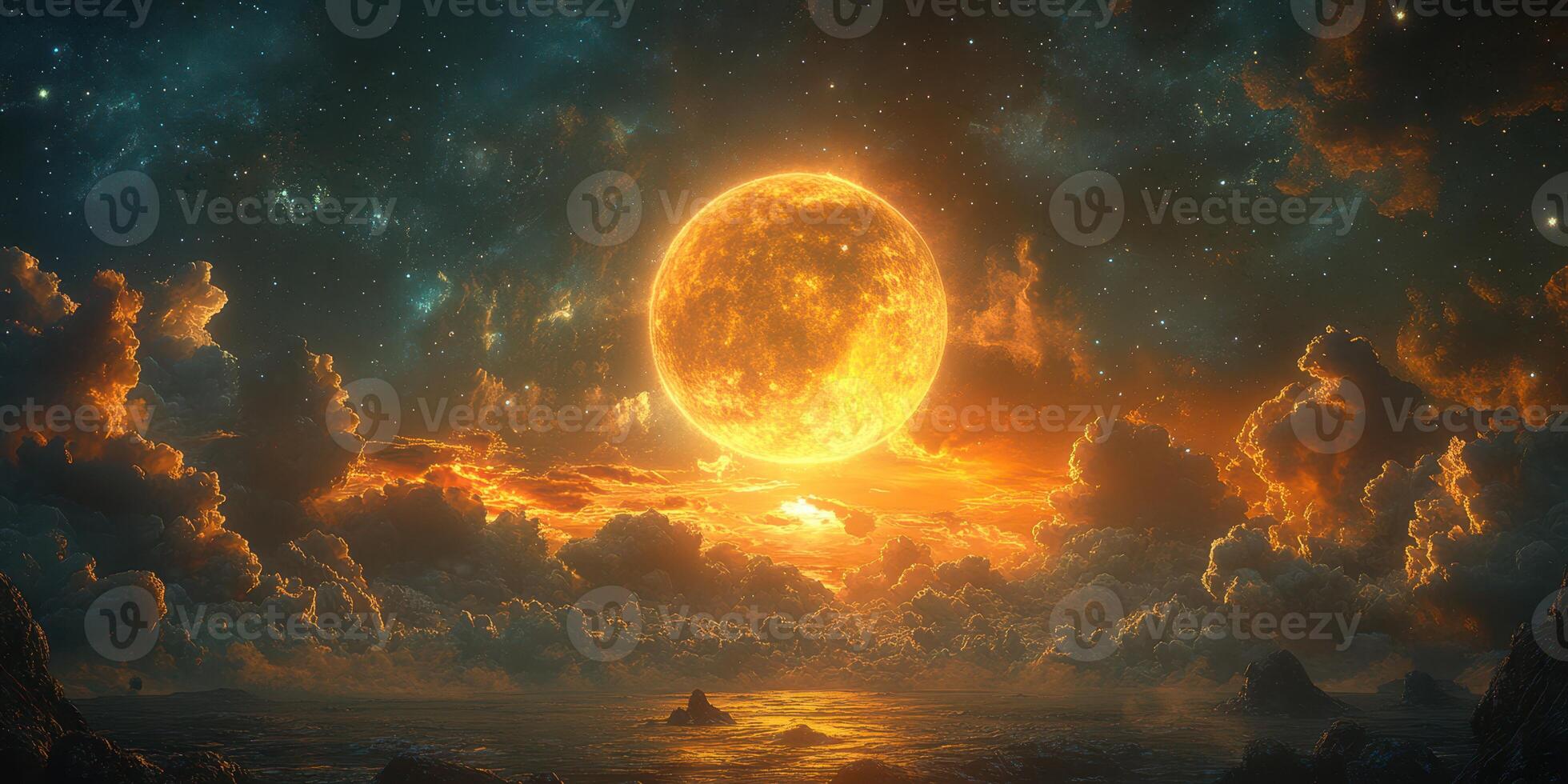 Majestic sunset over the ocean with a vibrant sun illuminating the clouds and water at twilight photo