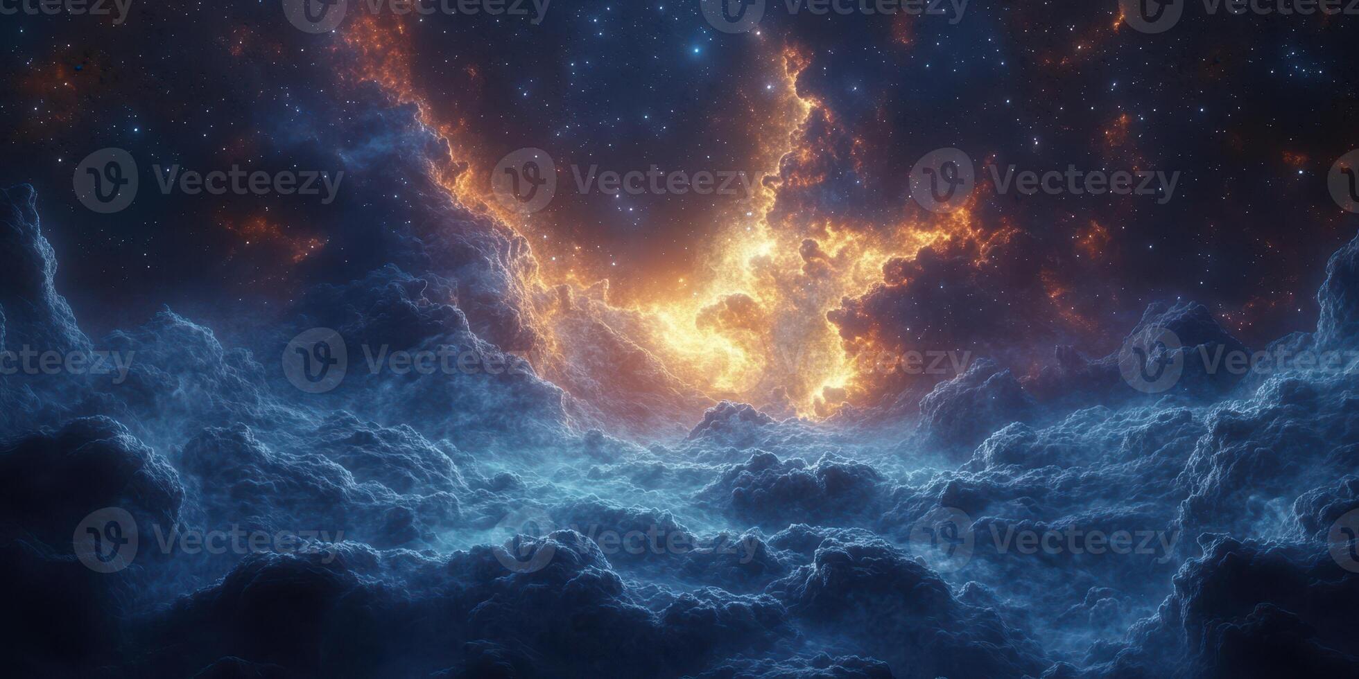 Cosmic nebula displays vibrant colors above fluffy clouds in deep space at a distant galaxy photo