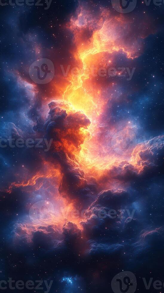 Vivid cosmic nebula with fiery colors and swirling patterns in deep space at night photo