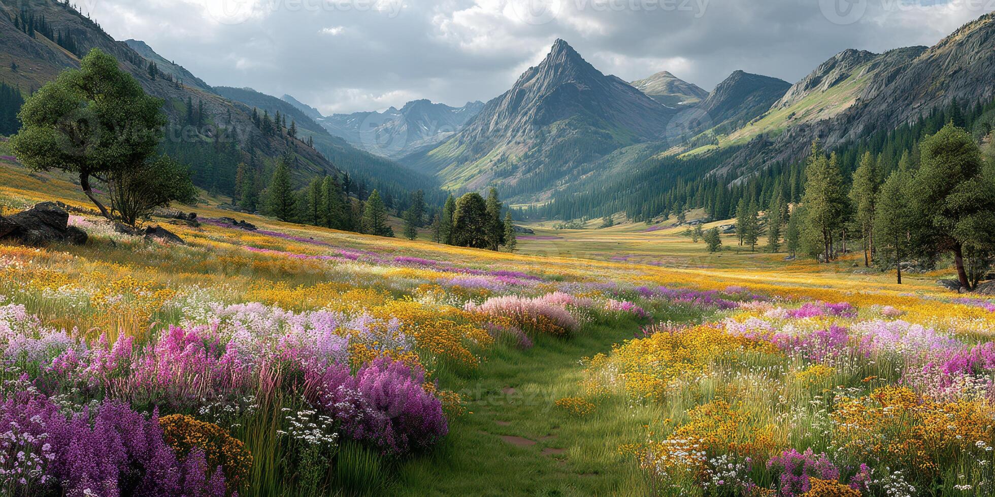 Vast wildflower meadow under cloudy sky in a mountain valley during late spring photo