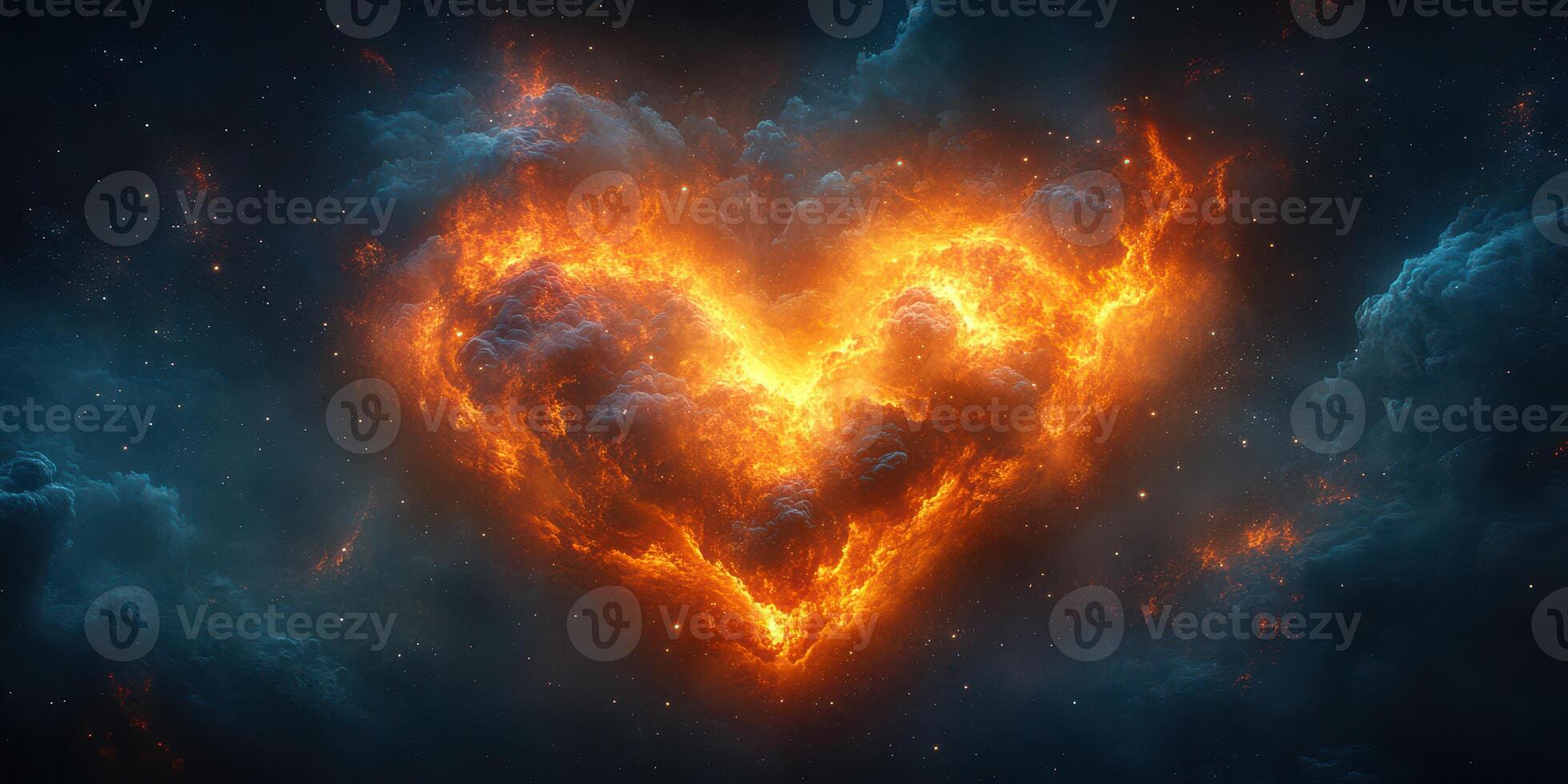 Heart shaped fire in a dark starry sky evokes passion and warmth during a cosmic night photo
