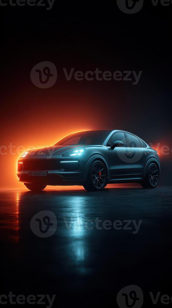Sleek car stands out in dark studio illuminated by vibrant orange and blue lights photo