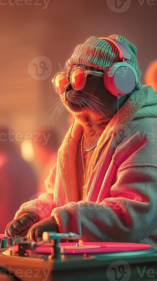 DJ cat spins tracks at a vibrant party setting featuring colorful lights and lively crowd photo