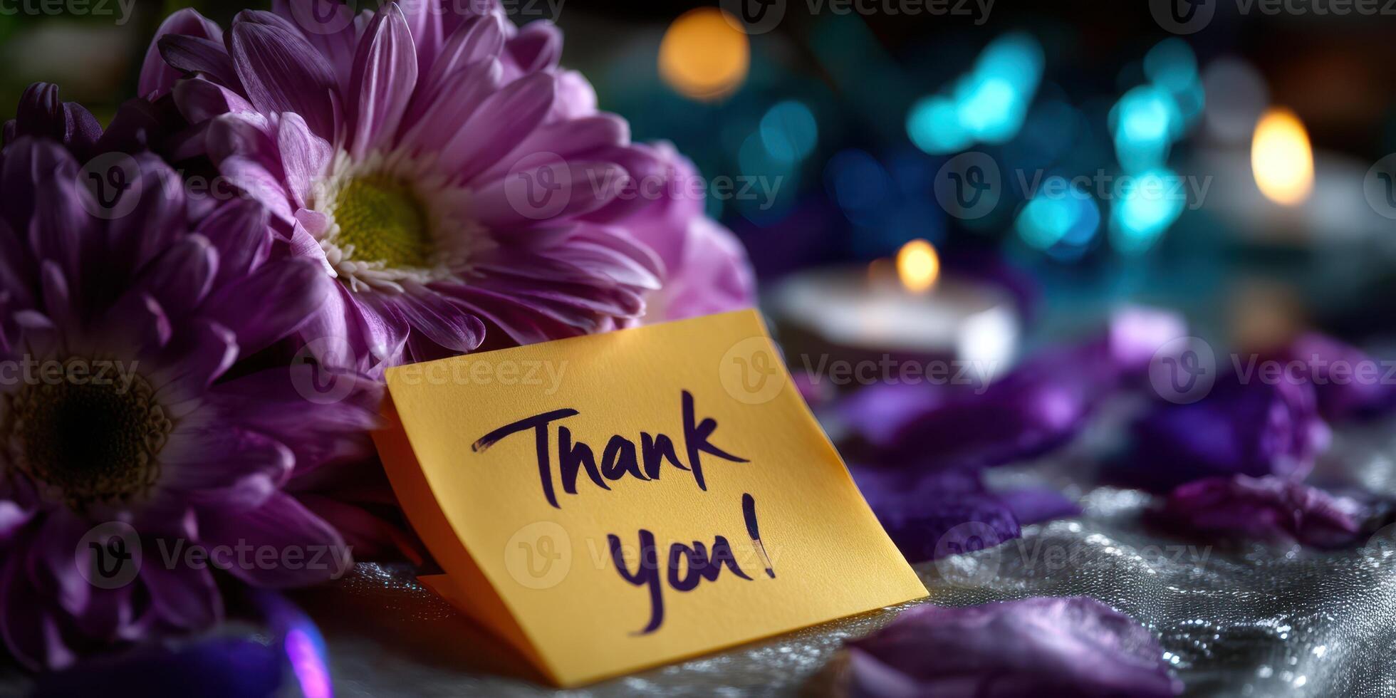 Gratitude message on sticky note with flowers and ambient candles creating a warm atmosphere photo