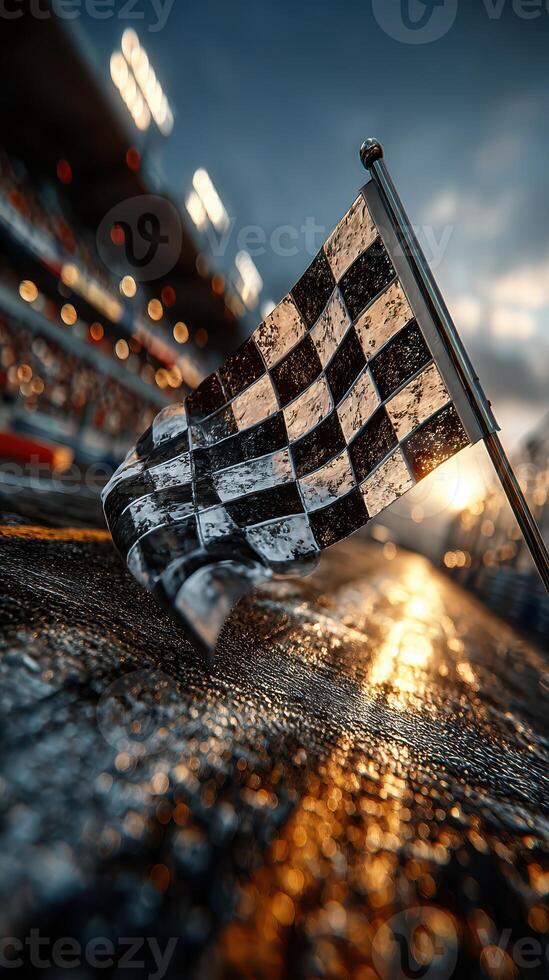 Racing flag waves during a sunset at a motorsport event with blurred crowd in the background photo