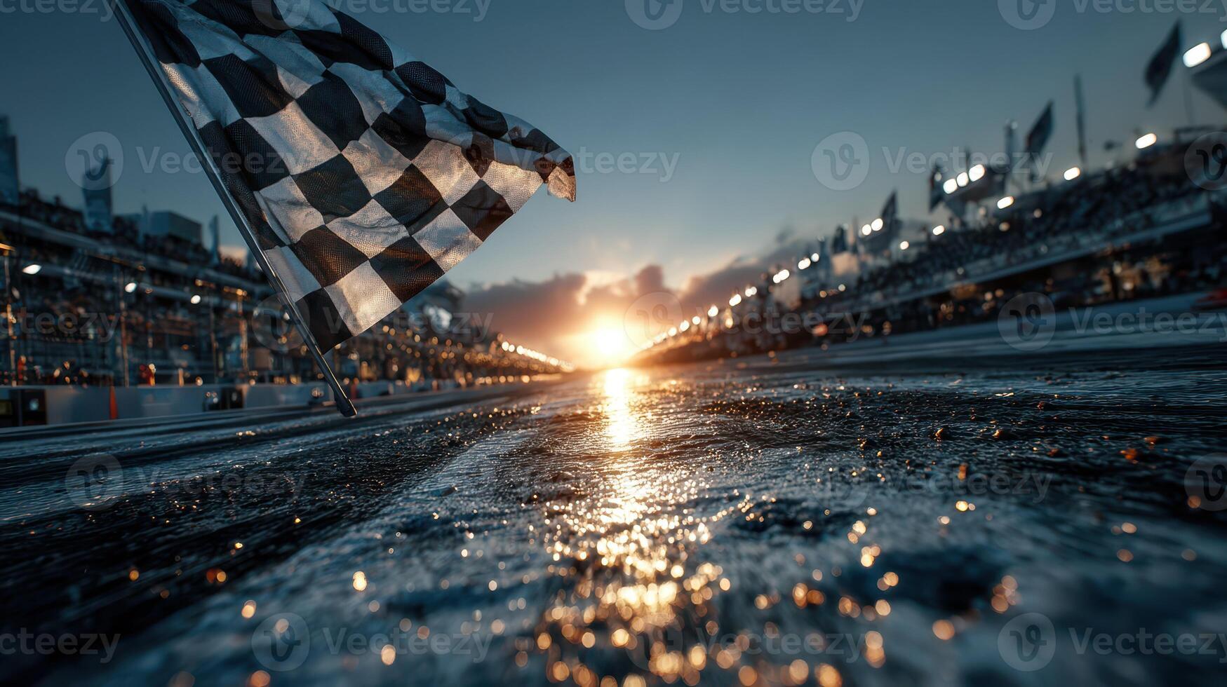 Checkered flag signals the end of an exciting race at the sunset-lit stadium track photo