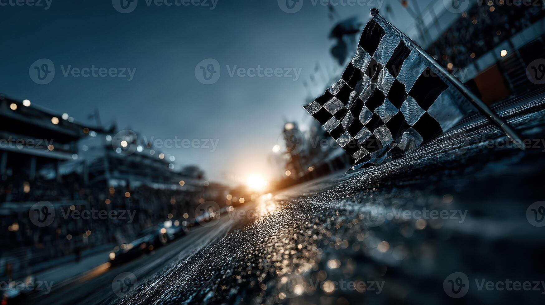 Checkered flag waves in the sunset at a thrilling race track during a competitive event photo