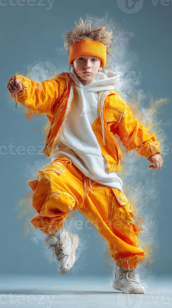 Brightly dressed child in urban fashion poses dynamically against a neutral background photo