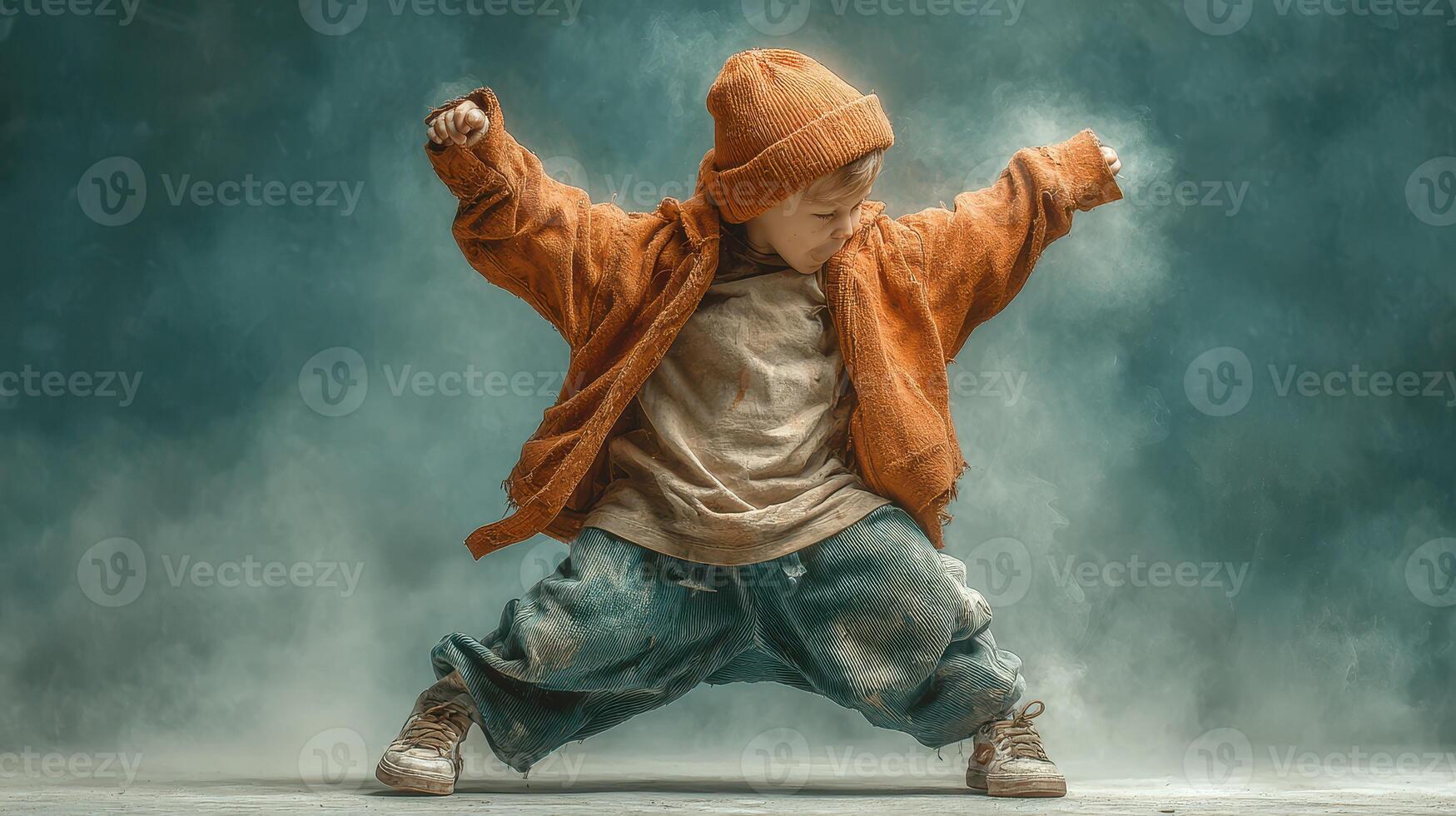 Young boy dancing energetically in a playful pose with a joyful expression on a colorful backdrop photo