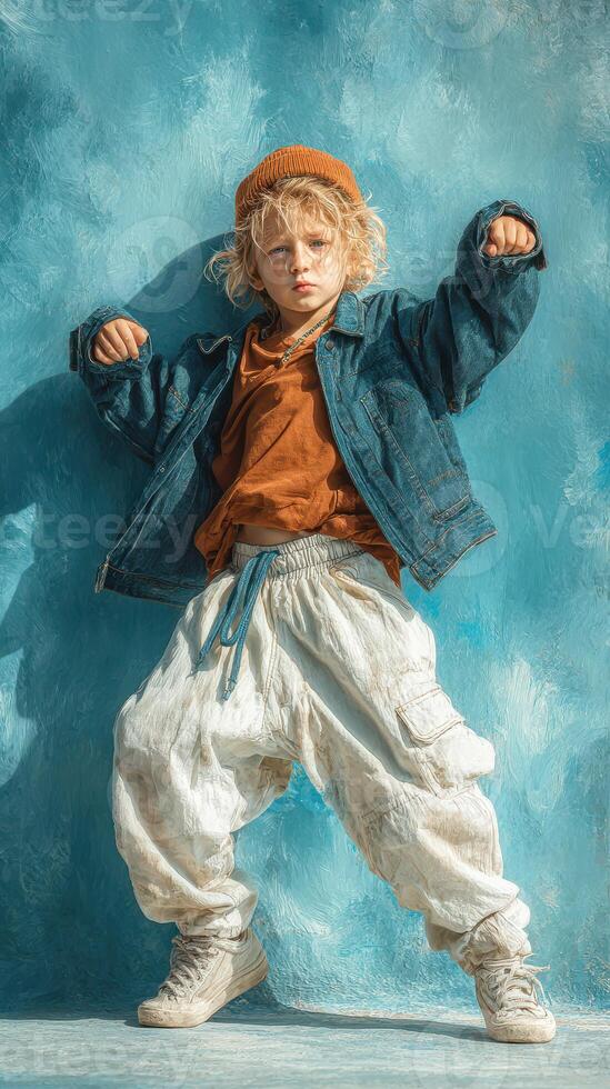 Creative child posing confidently in casual fashion against vibrant blue backdrop in a studio setting photo