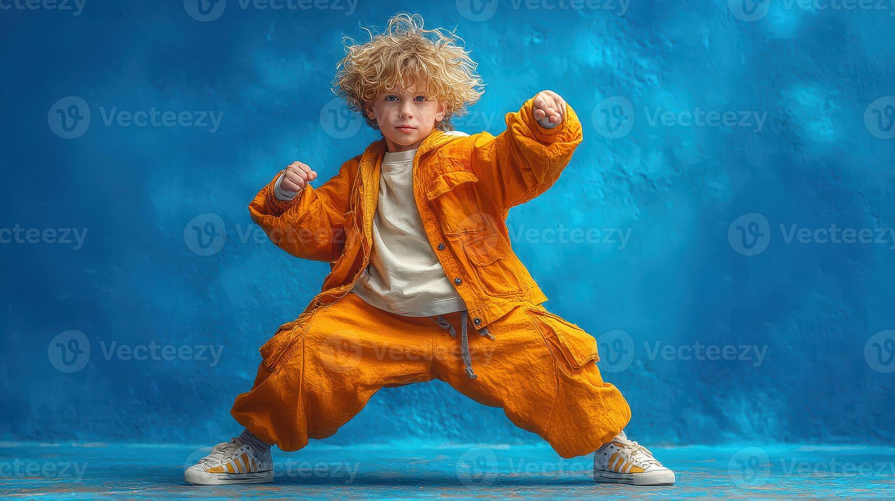 Child in orange outfit striking a playful pose against a bright blue background photo