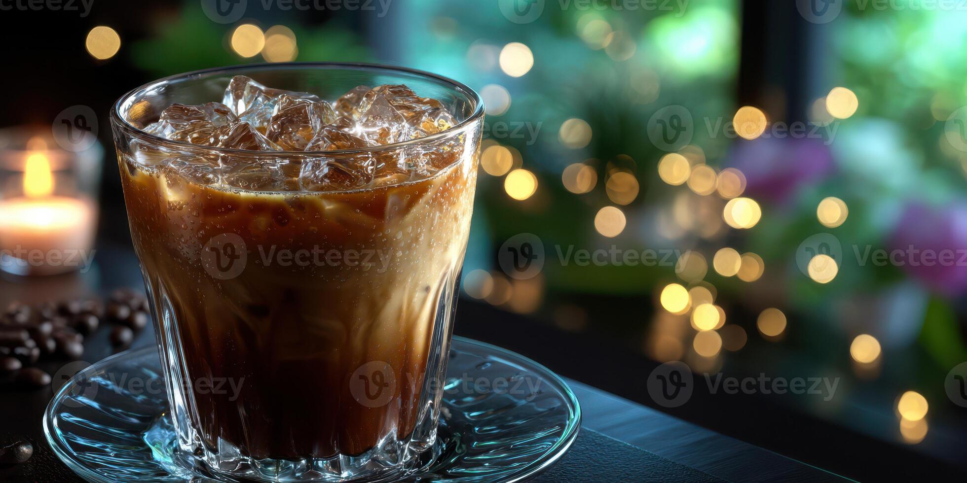 Cold beverage served on a table with ice cubes, candlelight, and a blurred garden view in the background during evening time photo