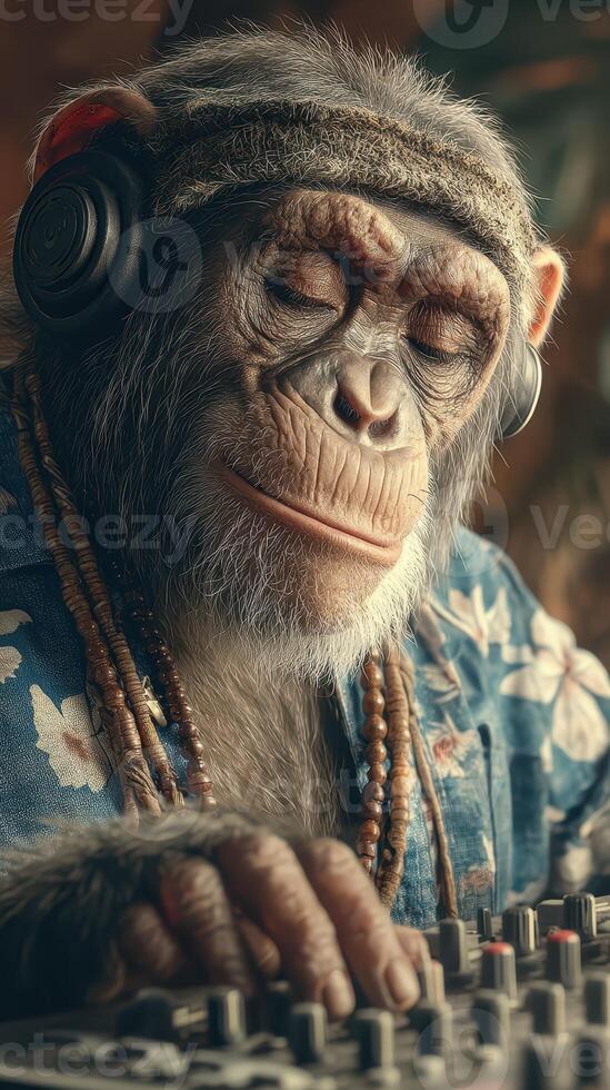 Monkey creates music while wearing headphones and a colorful shirt in a relaxed studio setting photo