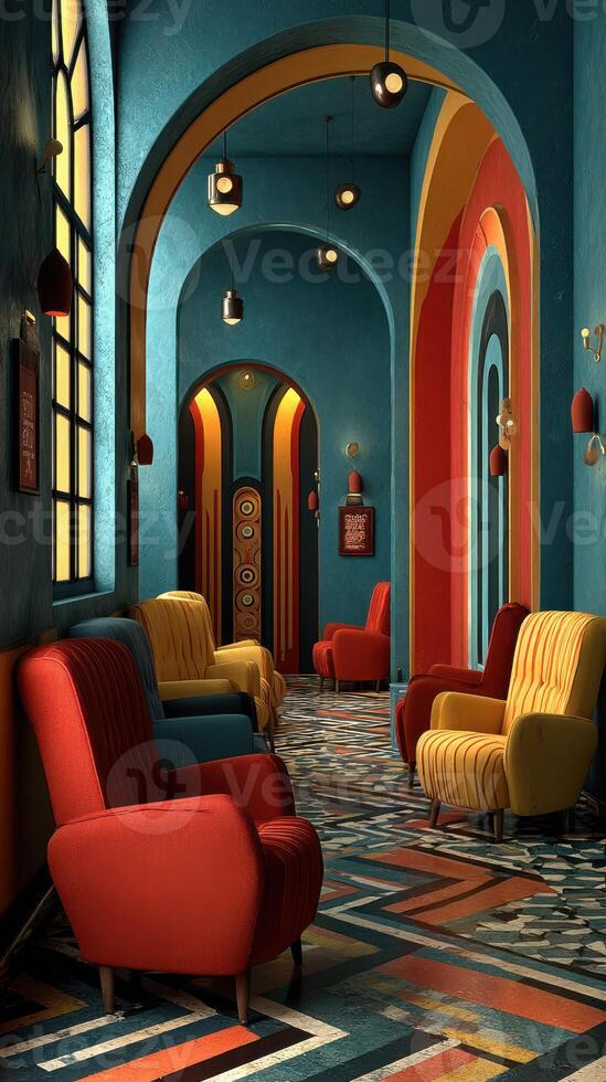 Colorful modern lounge with unique armchairs and vibrant decor in a creatively designed interior space photo
