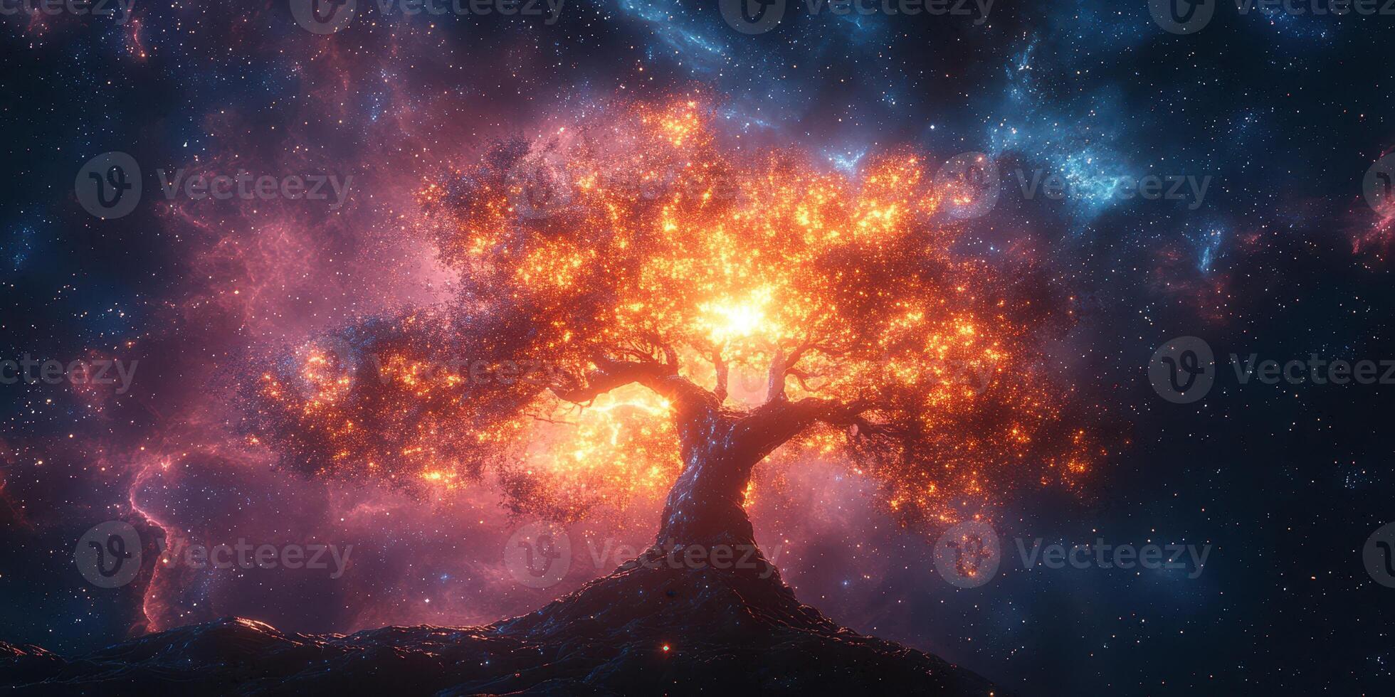 Mystical glowing tree surrounded by cosmic colors in a vibrant celestial landscape at night photo