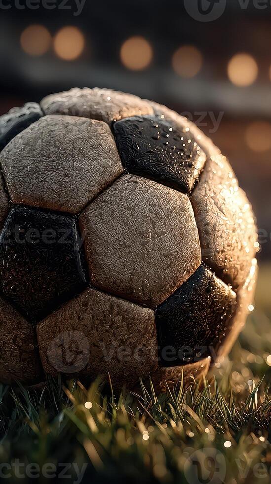 Wet soccer ball resting on grass during twilight, showcasing rich textures and warm bokeh background photo