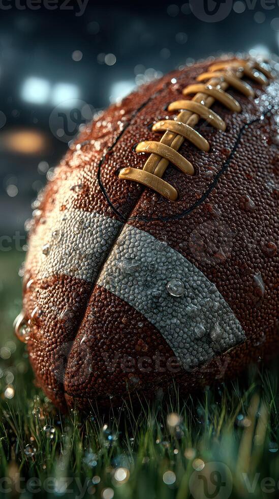 Rain-soaked football resting on wet grass in a stadium during a night game photo