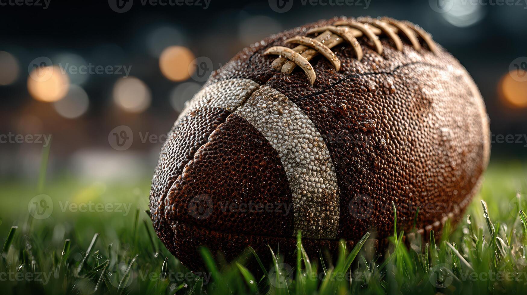 Close-up view of a wet football resting on grass during an evening match in a stadium setting photo