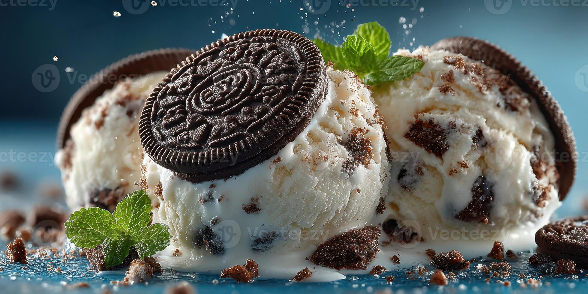 Delicious ice cream scoops topped with chocolate cookies and mint leaves on a blue background photo