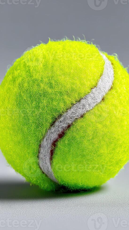 Bright green tennis ball resting on a smooth surface showcasing its fuzzy texture and distinct white line photo