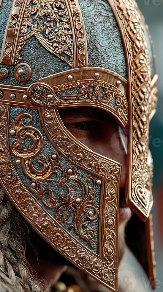 Ornate helmet worn by a warrior showcasing intricate designs during a historical reenactment event at a medieval festival photo