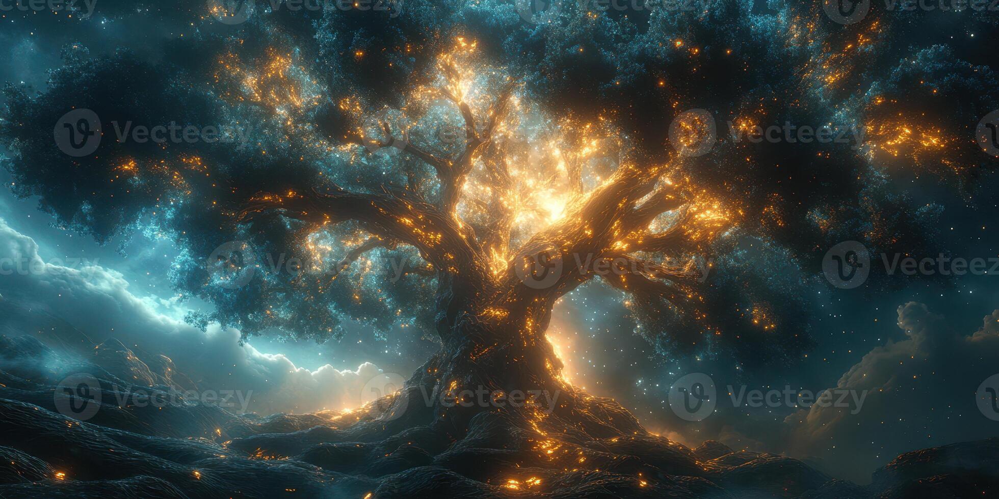 Majestic glowing tree illuminated by ethereal light in a mystical landscape at twilight photo