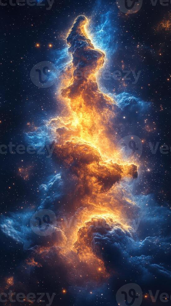 Colorful cosmic nebula in deep space illuminates night sky with vibrant hues and swirling clouds photo