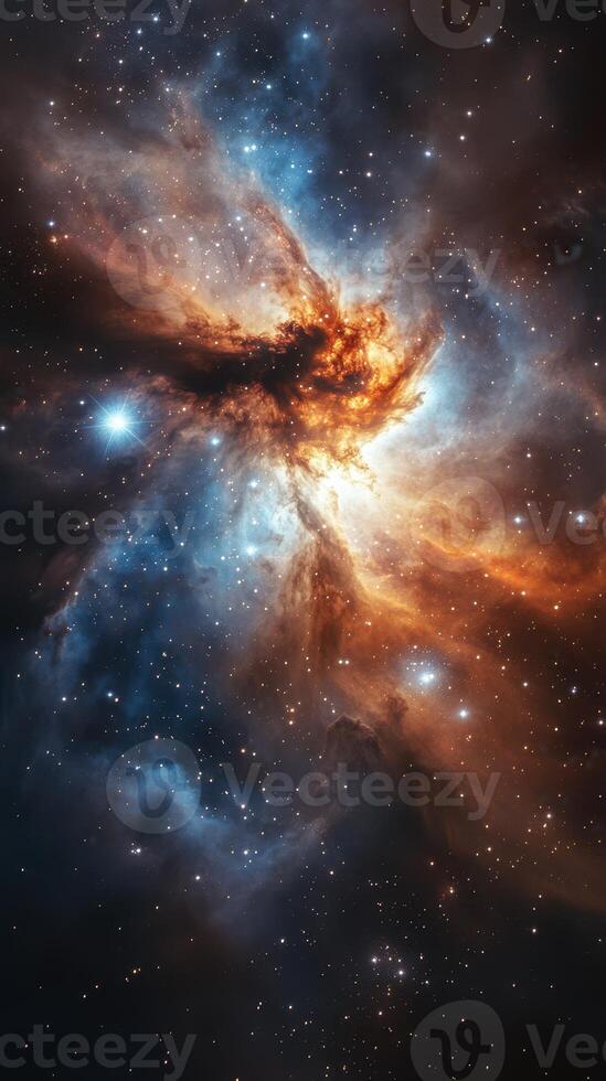 Vibrant cosmic nebula displays fiery colors against a star-studded background in deep space photo
