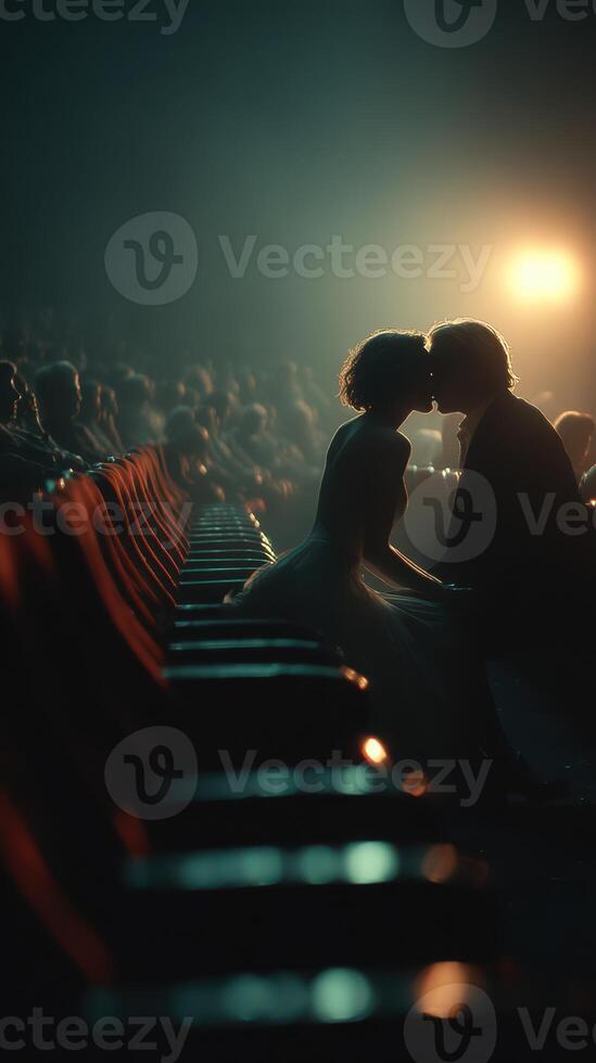 Romantic moment between a couple at a theater during a performance on a dimly lit evening photo