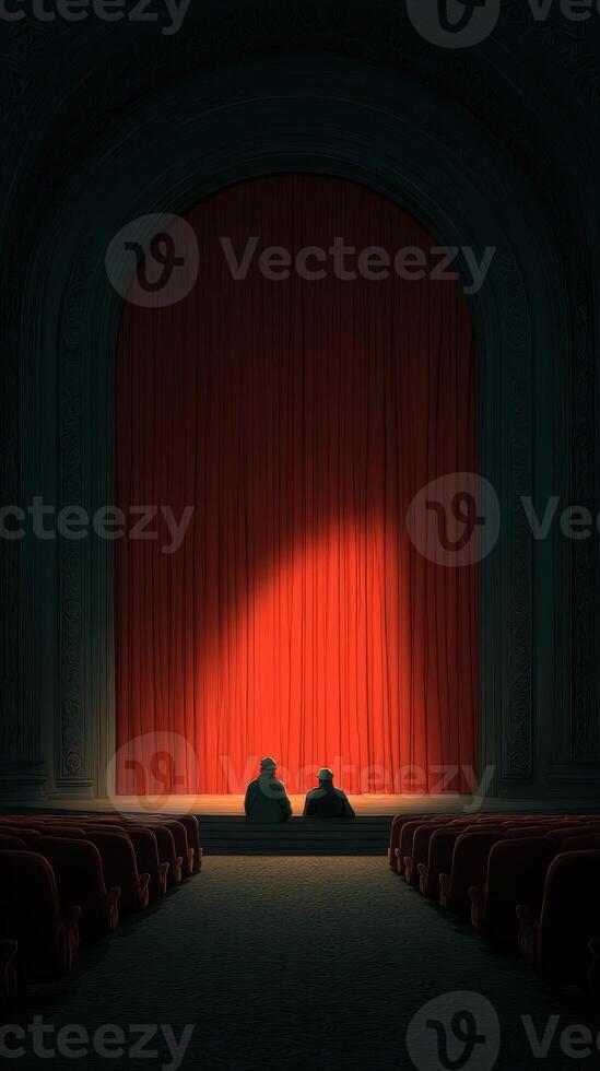 Two audience members wait in anticipation before the red velvet curtain in a dimly lit theater at twilight photo