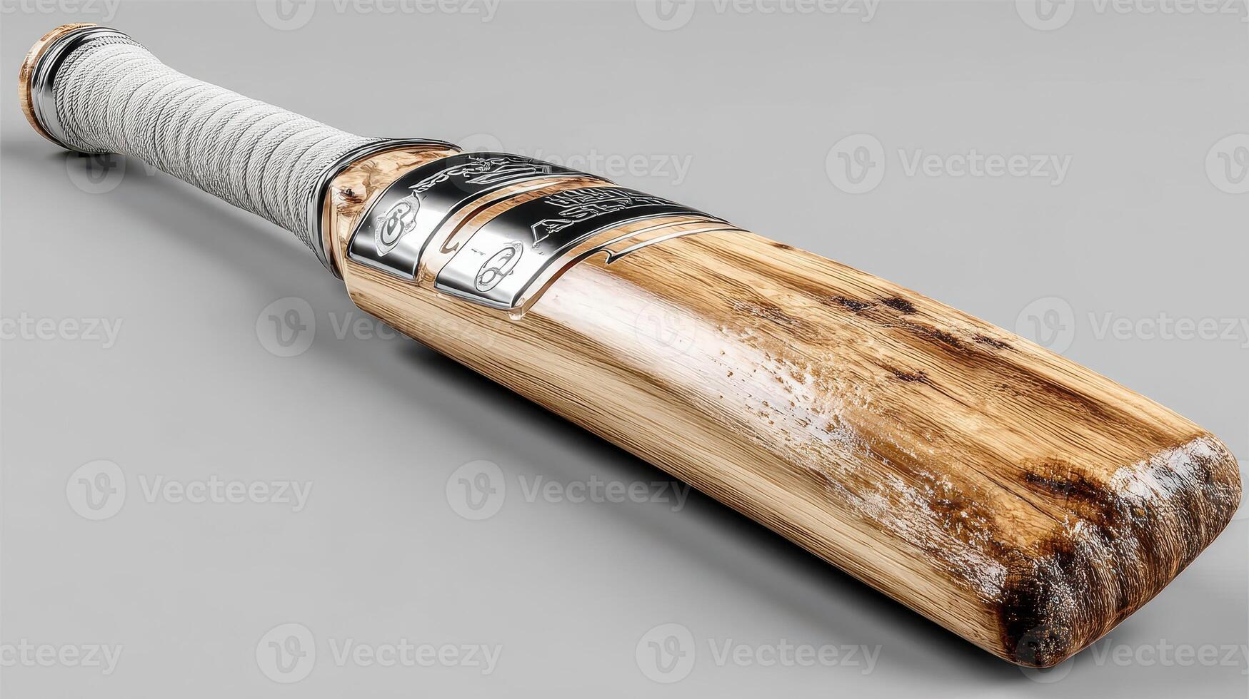 Vintage cricket bat resting on a smooth surface with signs of wear, showcasing craftsmanship and history photo