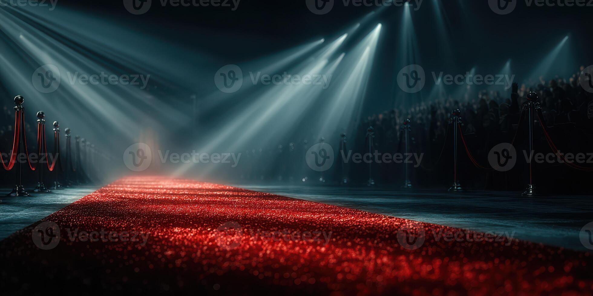 Excitement builds on the red carpet as lights shine over a glamorous event venue filled with eager attendees photo