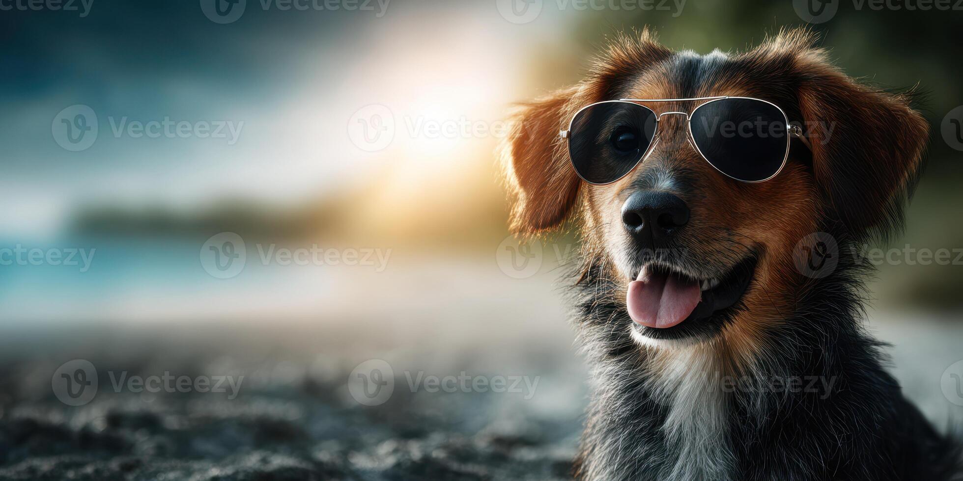 Happy dog wearing sunglasses poses on the beach during sunset near the ocean photo