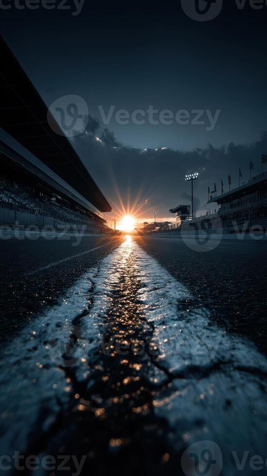 Beautiful sunset over a racetrack with cracked asphalt and illuminated grandstands in the background photo