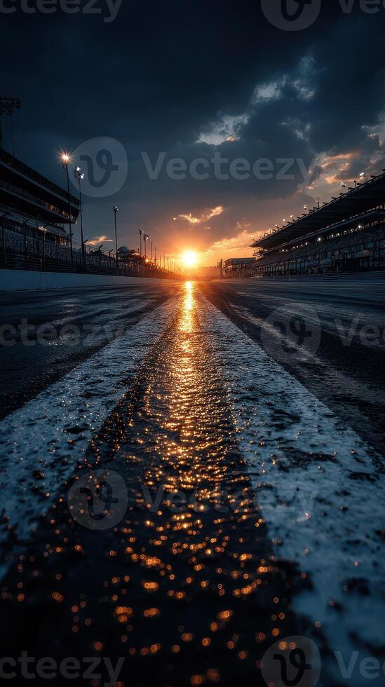 Sunset over the racetrack highlighting reflective wet asphalt and empty grandstands at a motorsport facility during golden hour photo