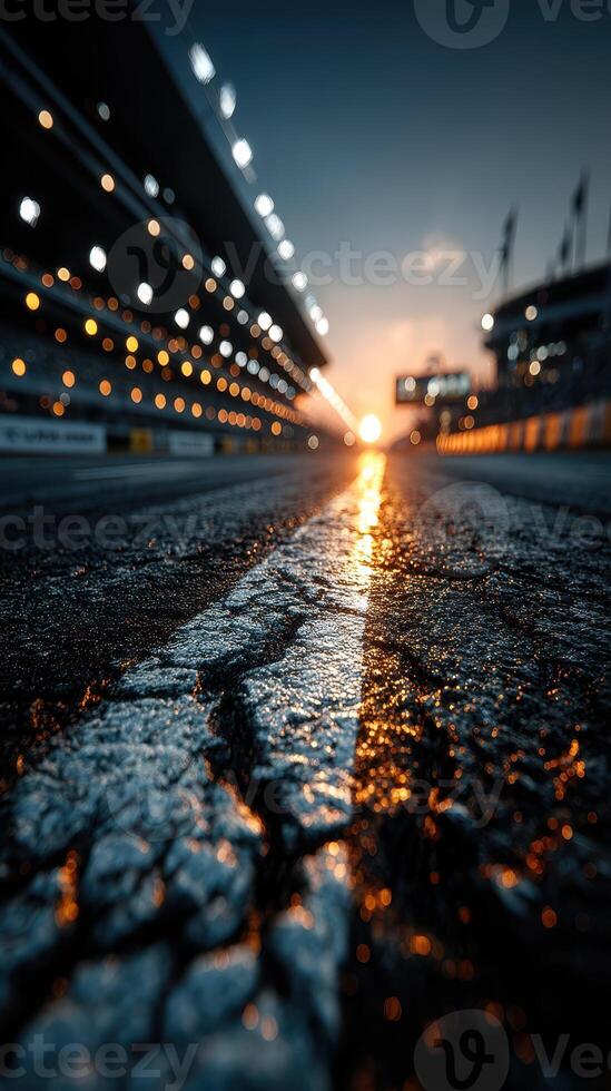Sunset casts warm glow on cracked racetrack with bright stadium lights illuminating the surroundings photo